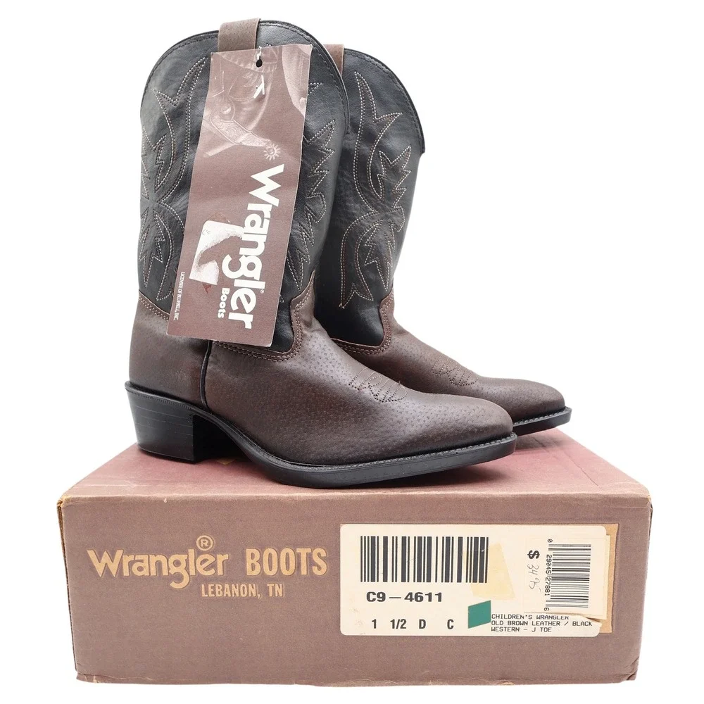 Wrangler Vintage Western Cowboy Boots Childrens 1.5 Brown Black Leather NWT